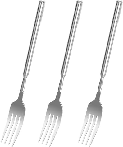 3 forchette in acciaio inox, scalabili, portatili, telescopiche (22 cm-64 cm), in acciaio inox, per barbecue all'aperto, cene in famiglia, viaggi, feste (argento)