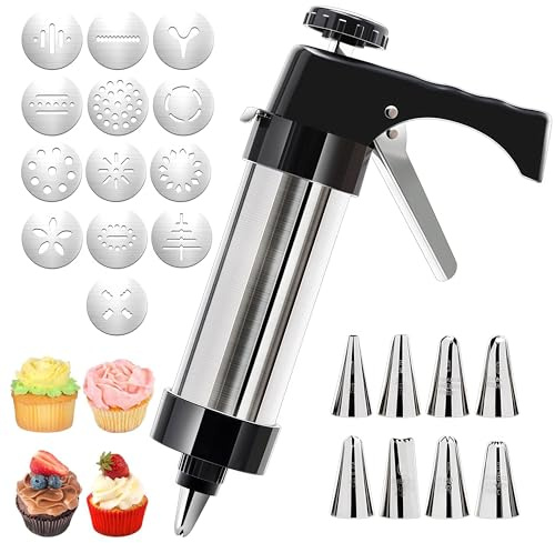 EduPlayte Tainless Steel Cookie Press Gun Kit with 13 Cookie Discs & 8 Piping Tips, Cookie Press Gun Kit for DIY Holiday & Everyday Baking,Essential Baking Supplies, Mother's Gift (black)