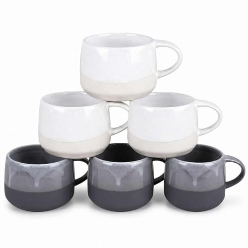 myGrtfam Stoneware Coffee Mugs Set of 6, 16oz Large Wide Belly Ceramic Cups with Handle, Artisanal Two-Tone Dripping Glaze Soup Mug for Latte, Cappuccino, Oatmeal, Tea, Sandy White & Slate Grey