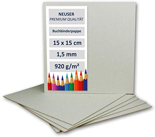 NEUSER PAPIER 20 Stück Buchbinderpappe Quadratisch - Stärke 1,5 mm (0,15 cm) - Grammatur: 920 g/m² - Format: 15 x 15 cm - Farbe: Grau-Braun