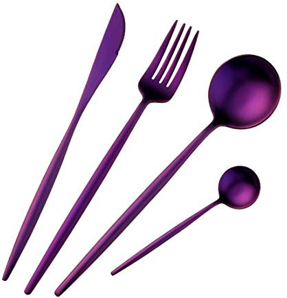 Buyer Star Juego de cubiertos de acero inoxidable de 4 piezas de color morado cubertería de acero inoxidable Set de cena cuchillo de oro tenedor cuchara púrpura vajilla