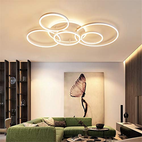 JINWELL LED Deckenleuchte Mit Fernbedienung Modern Kronleuchte Creative Pendelleuchte Deckenlampe Deckenstrahler Acryl Lampenschirm Modern Elegant Matt Aluminium Deckenleuchte,Weiß,6 Rings/86W
