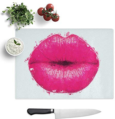Glass Chopping Board - Hot Pink Lips in Abstract - Textured Worktop Saver Cutting Board - Heat Resistant, Shatterproof and Hygenic - 39 x 28.5 cm