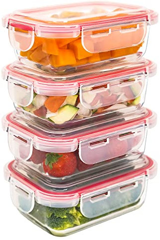 LG Luxury & Grace Pack 4 Fiambrera de Cristal 360 ml. Recipientes Herméticos para Alimentos. Envases Contenedores. Recipiente Aptos para Microondas, Horno, Lavavajillas y Congelador. Sin BPA.