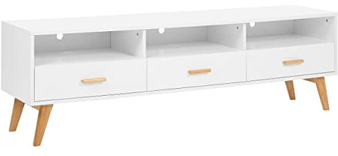 Meuble TV Commode Blanche avec Pieds Obliques en Bois de Chêne et 3 Tiroirs Pratiques Idéal pour Salon au Style Scandinave et Rétro Beliani