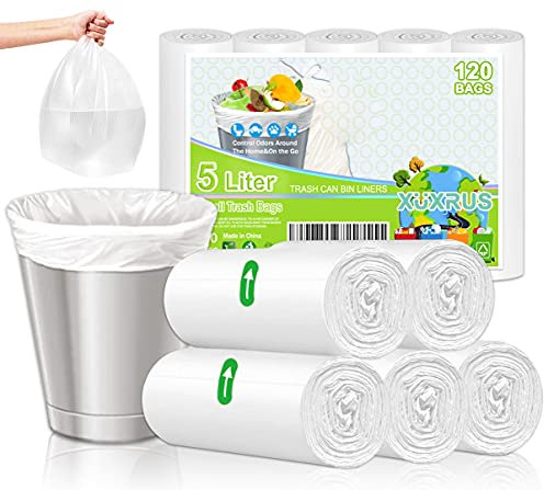 Bin Liners 5 Liter,Small Bathroom Trash Bag 1.2 Gallon Garbage Bag, Bins Bag for Kitchen,Office,Pet Fit 4,5,6,7,8 Liter Can,120 Counts,White