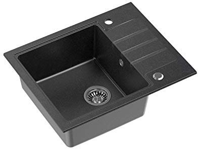 VBChome Spüle 62 x 50 cm Schwarz Tiefes Becken 20cm Küche Abtropfflache Einbauspüle Verbundspüle ab 55er Unterschrank Küchenspüle Einzelbecken + Siphon