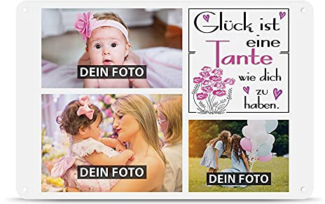 Blech-Schild selbst gestalten - Glück ist eine Tante wie dich zu haben - Metall-Poster mit 3 Fotos - Schild A4 I Personalisiertes Geschenk für die Tante, Geburtstag, Weihnachten