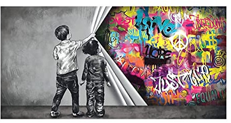 YONGAO Banksy hinter dem Vorhang Graffiti-Gemälde-Druck auf Leinwand. Leinwand Wandkunst Bild für Wohnzimmer Wohnkultur 50x100cm (20x40in) Rahmenlos