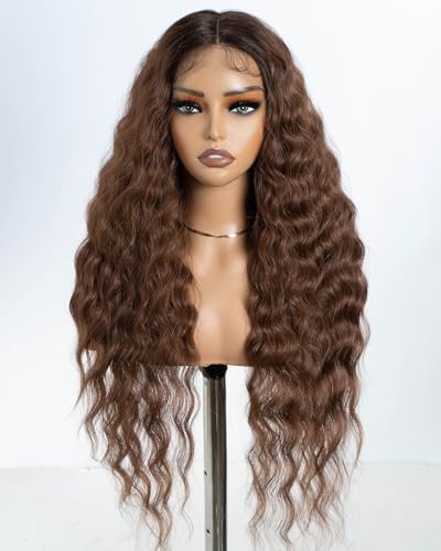 Style Icon Perücke mit Filmansatz Super Lange Lace Front Wigs für Frauen Kunsthaar Wasserwelle Perücken mit Mittelscheitel Damen Wig 76cm Kunstfaser synthetische Faser (RT6/30)