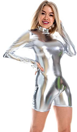 IBAKOM Damen Leder Glänzend Rollkragen Langarm Ballett Gymnastik Turnanzug Body Shorts Overall Rave Party Clubwear Kostüm, silber, 36