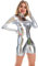 IBAKOM Damen Leder Glänzend Rollkragen Langarm Ballett Gymnastik Turnanzug Body Shorts Overall Rave Party Clubwear Kostüm, silber, 36