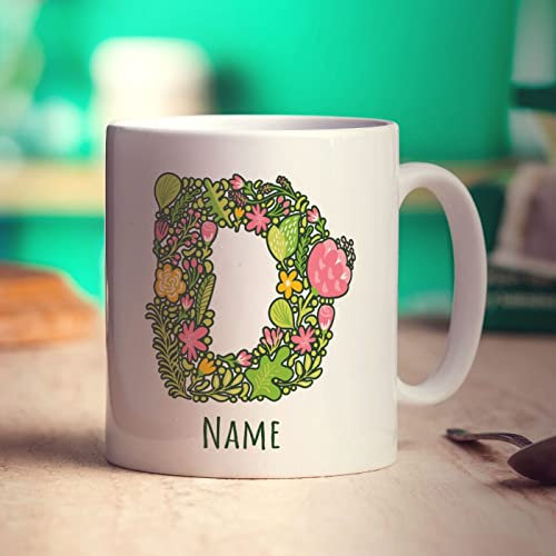 Printster Personalised Flower Initial Mug - Add Any Name - Gift for Birthday-D - 11oz Ceramic Cup