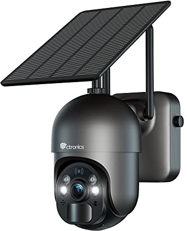 Ctronics 2.5K 4MP Überwachungskamera Aussen mit Solarpanel, 2560×1440P PTZ WLAN IP Kamera Outdoor mit Akku, 355°/95° Schwenkbar, PIR Personenerkennung, Farbige Nachtsicht mit Spotlight, IP66