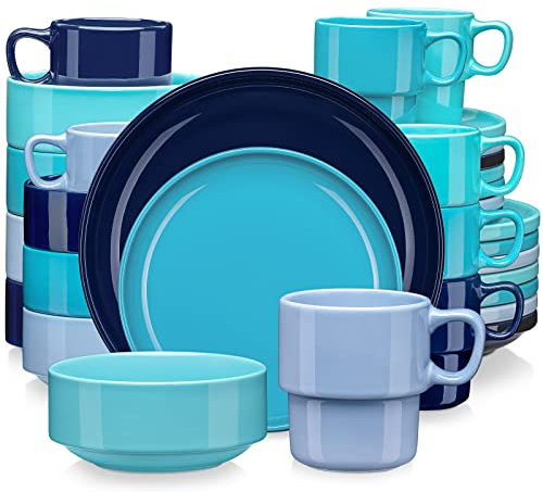 LOVECASA Juego de Vajillas Redondos de 32 Piezas, Vajilla de Porcelana, Cada Una con 8 Cuencos, 8 Tazas, 8 Platos de Postre y 8 Platos de Cena, Azul Marino, Color Mezclado