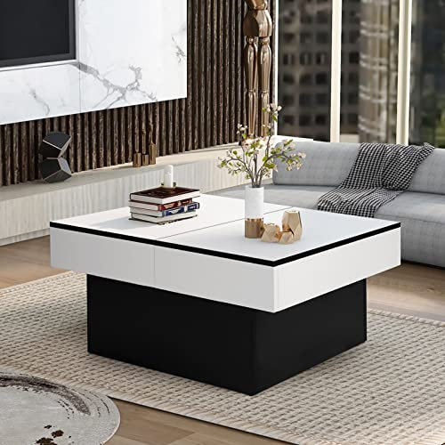 VOWNER Couchtisch, Moderner Couchtisch, Ausziehbarer Schreibtisch, Wohnzimmertisch mit 2 Stauräume, Hochglanz-Finish, Wohnzimmer Tisch 114 x 58 x 40 cm (Weiß), (JY-1227)