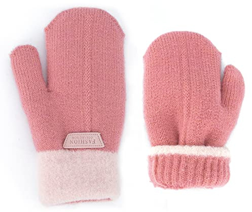 INOGIH Kids Double Layer Warm Knit Mittens Girls Boys Winter Outdoor Gloves for 5-10 Years (Watermelon Red, Fit for 5-10 Years Old)