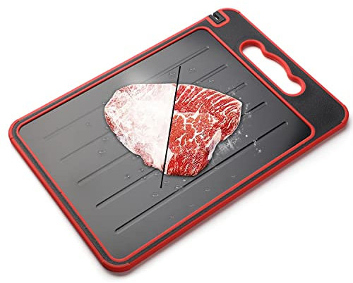 Defrost Tray 4-in-1 Chopping Board with Spice Grater and Knife Sharpener Kitchen Gadget (Black + Red)