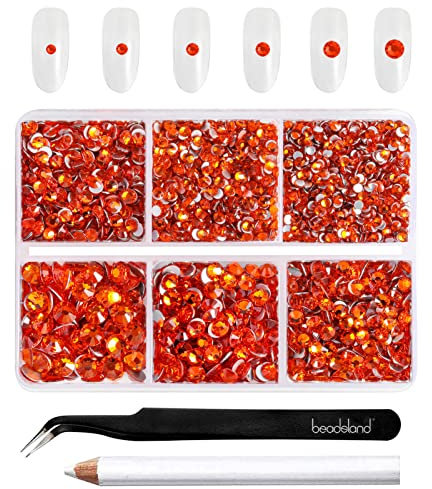 Beadsland 4300 Stück Orange Strasssteine mit flacher Rückseite,Nagelsteine, runde Kristall-Strasssteine zum Basteln, gemischt in 6 Größen, mit Picking-Pinzette und Wachsstift-Set, SS6–SS20,Orange