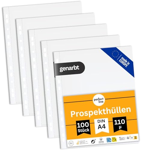 perfect line – 100 Prospekthüllen A4, extra stark (110 µ), genarbt, säurefrei, dokumentenecht, reißfest, oben offen, Klarsichthüllen, Made in EU