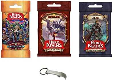 Hero Realms Set mit 3 Decks: Aufstieg + Boss Liche + Boss Dragon Französische Version + 1 Flaschenöffner Blumie (Liche Dragon Ascendance)