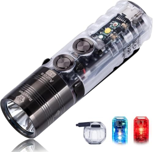 RovyVon A26 USB C Rechargeable EDC Flashlight, 6500K Cool White Bright Pocket Keychain Flashlight 600 lumens 850mAh Battery with 365nm/Red/White Sidelights, for EDC Carry, Hiking,Camping