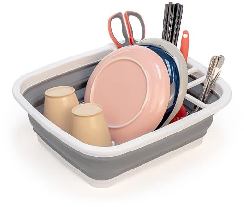 SAMMART 8L Collapsible Dish Drainer - Foldable Drying Rack - Portable Dinnerware Organizer - Space Saving Kitchen Storage Tray (White/Steel Grey)