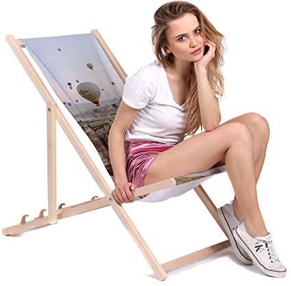 DreamRoots Liegestuhl klappbar Buchenholz, Ballon Flight | Klappliegestuhl Holz, Buchenholz, bis 130 kg, 3-fach verstellbar, waschbarer Polyesterbezug, für Garten & Terrasse
