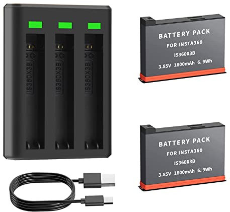 Wikinu 2-Pack Akku für Insta 360 X3, 1800mAh Ersatzakku und Dual-USB-Ladegerät Kompatibel mit Insta360 X3 Action-Kamera