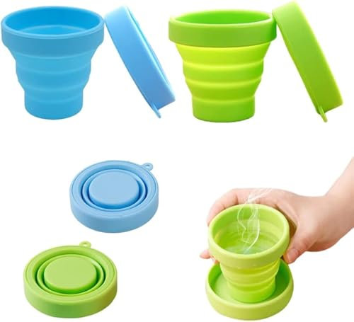joysong Faltbarer Silikon Tasse Camping Becher mit Kunststoff Deckel Outdoor Picknick Faltbecher Mehrweg Tragbares Wasserbecher Set für Unterwegs
