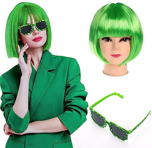 Gerade Kurze Charmante Bob Perücken, Bob Perücke Wig mit Bangs für Frau Natur Synthetische Faser Party Cosplay Karneval Fasching Kostüm Cabaret Tägliche Perücke, mit Sonnenbrille, Grün
