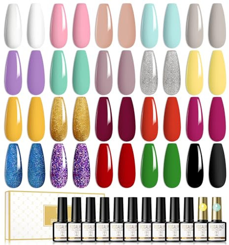 ROSALIND UV Nagellack Set 22 Pcs Shellac Nagellack Mit Top & Base Coat 20 Farben Shellac Set UV LED Soak Off Nail Polish Gel Lack Glitzer Rot Gold Grau Violett ManiküRe Set 8ml