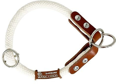 Collier Semi Etrangleur pour Chien, Anti Traction Dressage pour Petits Moyens Grands Chiens. Coton et Cuir. Blanc & Cognac. XXL.