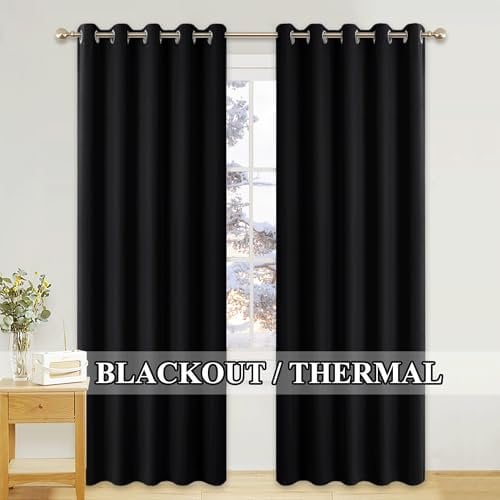 PONY DANCE Door Curtain Blackout - 2 Panels Thermal Insulated Curtains for Living Room Bedroom Kitchen Privacy Screen Heat Cold Blocking, 66 Inch Width x 84 Inch Drop, Black