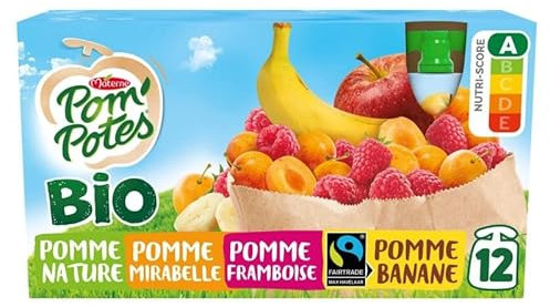 POM'POTES | Bio Pomme Mirabelle Framboise Banane 12X90G-1080G | Lot De (2) | livraison offerte