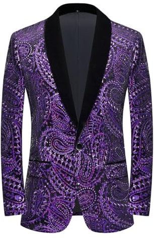 PYJTRL Giacca da Uomo con Paillettes Lucide Giacca Classica da Abito Floreale Moda, Adatta per Feste, Matrimoni, Banchetti, Balli,Purple,XS