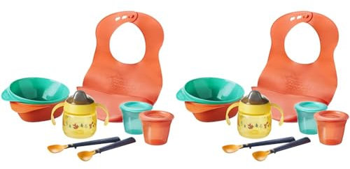 Tommee Tippee Weaning Starter Kit with Toddler Feeding Bowls and Spoons, Silicone Bib, 100% Leak-Proof Weaning Sippy Cup and Food Storage Pots, 4m+ (Pack of 2)