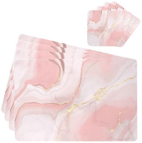 Mnsruu Placemats and Coaster Set of 4, Pink Marble Rose Gold Table Mats PVC Heat Resistant Waterproof Non-Slip Dinner Table Mats