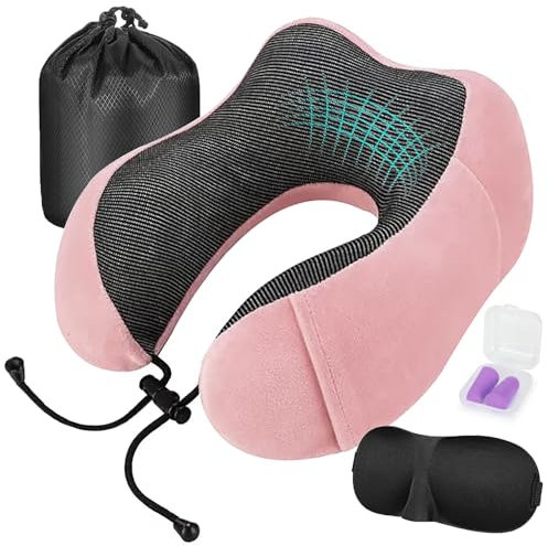 Almohada de Viaje para Cuello Viscoelástica de Espuma Memoria, Cómoda para la Cervical, Ortopédica Soporte de Nuca para Viajar Coche Avión Bus con Máscara de Ojos, Tapones y Bolsa