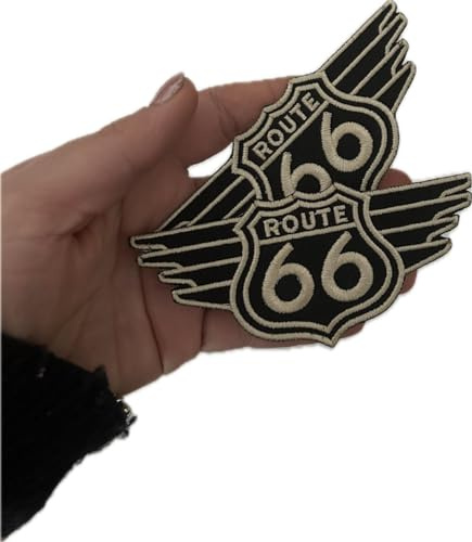 Aufnäher Route 66 zum Aufbügeln – 2 Stück + 2 gratis (4er-Set) – Maße: H 11,0 x B 5,2 cm – Made in Italy