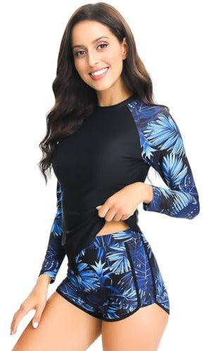Sillictor Rash Vest Women Swimming Tops UV Womens Swim Shorts and Top Set Ladies 2 Piece Long Sleeve Swimsuits for Women Rash Guard Shirts with Build in Bra for Surfing,Quick Dry 2304 Navy M