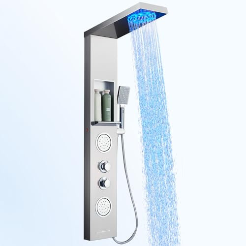 ROVOGO Duschpaneel mit Ablage und Armatur, 5 Funktionen Duschsäule mit LED: Nebel- und Regen Duschkopf, 2 Massagedusche, 3-Modus Handbrause, Wasserfall Wanneneinlauf, Duschpaneele Edelstahl Gebürstet
