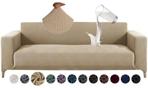 Alishomtll Sofa Überzug 4 Sitzer Stretch Sofabezug Universal Wasserabweisend Couch Überzug Sofaüberwürfe Elastische Jacquard Couchbezug rutschfest Sofaschoner für Hunde Katzen (230-300cm, Gelb)