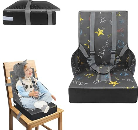 UISEBRT Sitzerhöhung Stuhl Kind Tragbar Sitzkissen Kinder mit Verstellbarem Sicherheitsgurt Rutschfest Kindersitz Waschbar Boostersitz für Zuhause Unterwegs, Grau