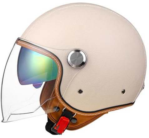 Motorrad 3/4 Helm Männer Frauen Retro Open Face Halbhelm Leder Vintage Klassische Erwachsene Jet Helm für Roller Cruiser Moped DOT/ECE Genehmigt,Beige,S
