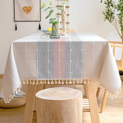 ANAZOZ Tischdecke Rechteckig 140x240cm, Tischtuch Baumwolle Leinen Abwaschbar Tischdecke für Landhaus Rosa-Graues Karo mit Fransen