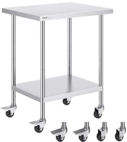 VEVOR Tavolo da Lavoro in Acciaio Inossidabile 610 x 762 x 954 mm, con 4 Ruote, 3 Livelli di Altezza Regolabili, Tavolo Resistente per Preparazione Alimenti Ristoranti Cucina Commerciale, Argento