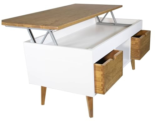LoMasCasa - Couchtisch Möbel Modell Karla 23 mit 2 ausziehbaren Schubladen, massives Kiefernholz in Weiß und Nussbaum, konische Beine, Maße 100 x 50 x 47 cm
