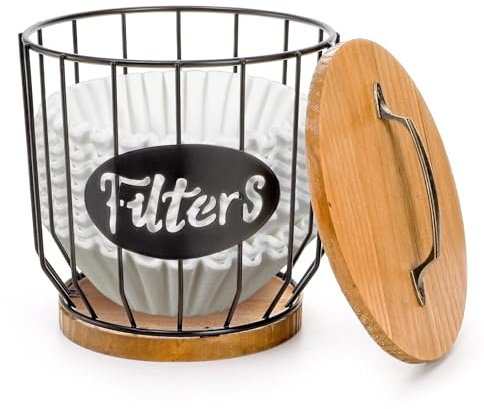 yarlung Coffee Filters Holder with Lid, Large Capacity K Cup Coffee Pods Holder with Rustic Wooden Base, Black Wire Coffee Storage Basket for Kitchen Countertop, Coffee Bar, Coffee Station Organizer