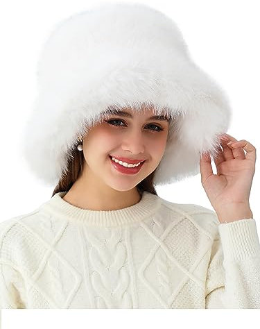 sy soul young Damen Winter Kunstpelz Plüsch Bucket Hat Wintermütze Fischerhüte Hut Pelz Warme Fischer Cap(Weiß)